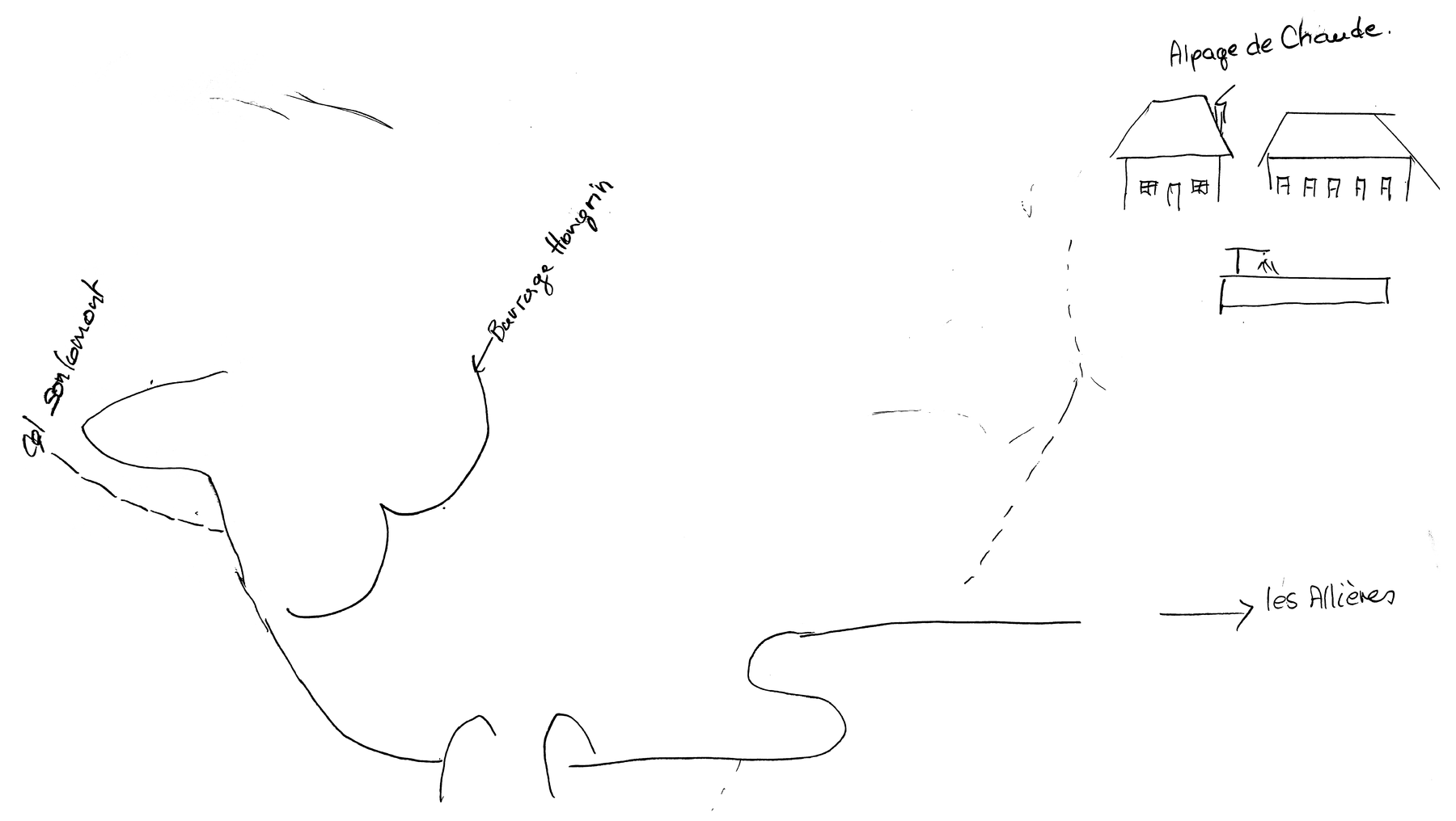 A hand-drawn map depicts a series of rounded lines, a drawing of a set of buildings, and a handful of short place-name labels.