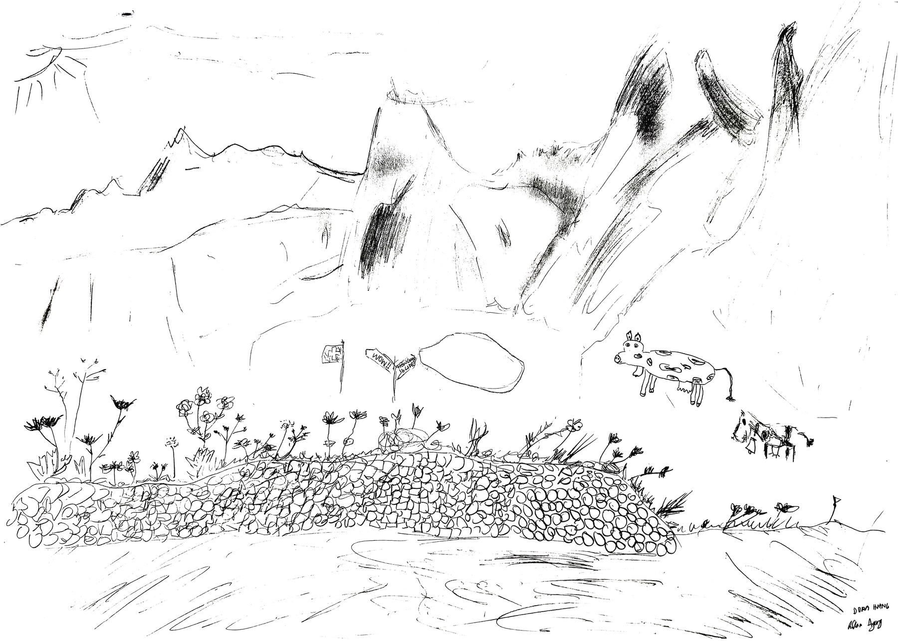 An elaborate hand-drawn map depicts a set of spotted cows, an Alpine lake, tall mountains, and what appears to be a wall of stones.